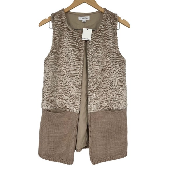 Calvin Klein Faux Fur Knit Sweater Vest Latte Beige Small - Picture 1 of 9